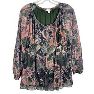 Terra & Sky Dark Mesh Floral Peplum Hem Babydoll Blouse Plus Size 0X 14W Fairy